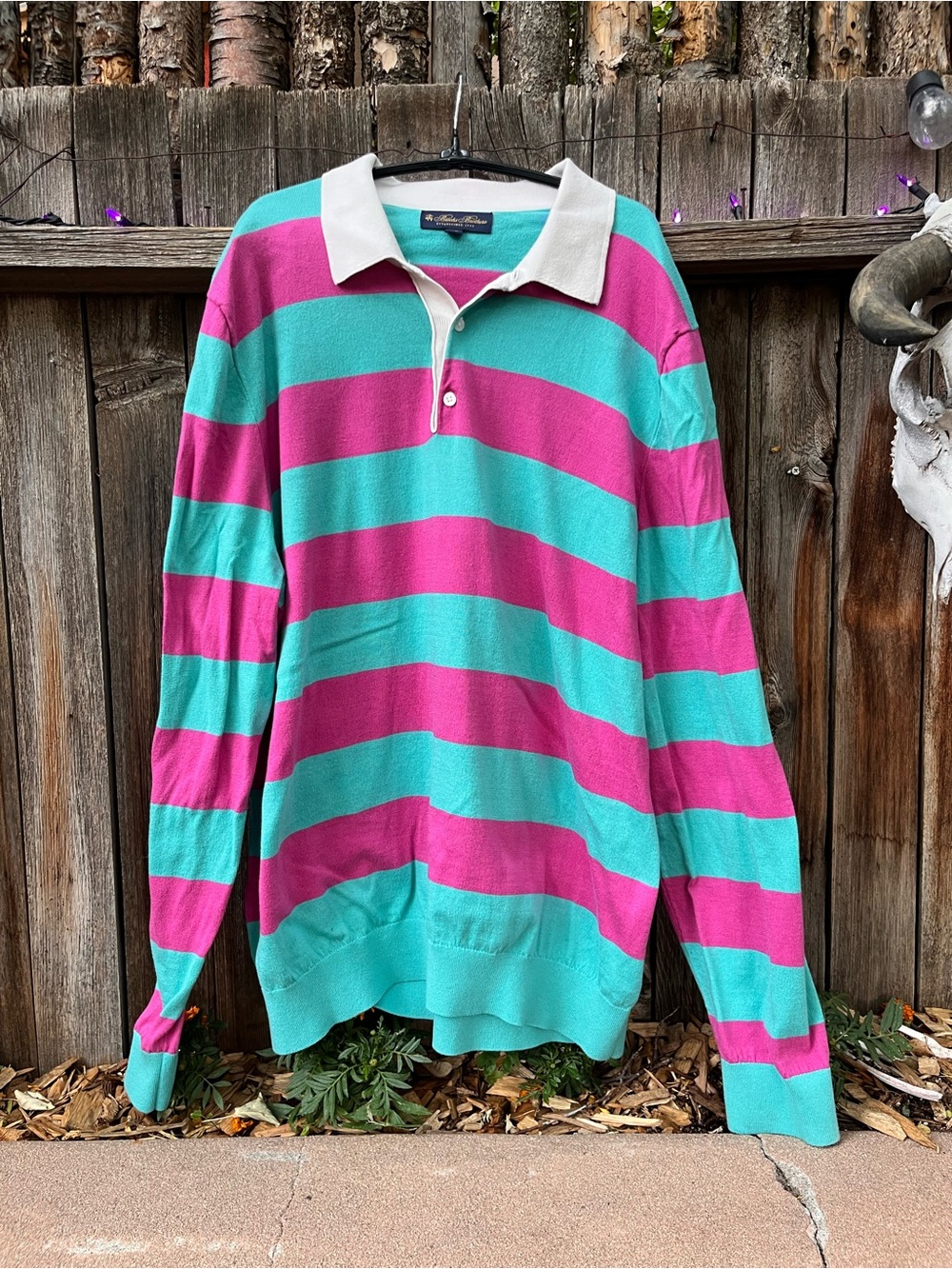 Brooks Brothers Long-Sleeve Rugby Polo Shirt in Teal and Magenta
